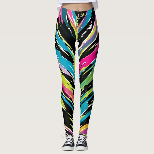 Abstract Vibrant Multicolor Tropical Leaf Leggings (Front)