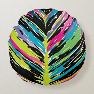 Abstract Vibrant Multicolor Tropical Leaf Round Cushion