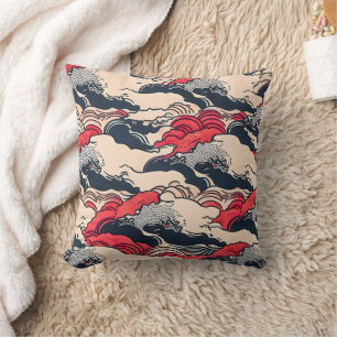 Abstract Vintage Ocean Waves Japanese Style Art   Cushion