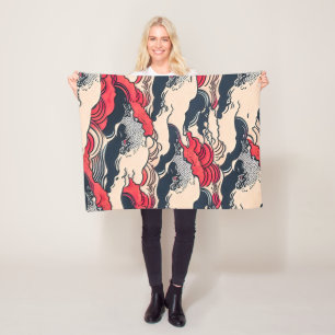 Abstract Vintage Ocean Waves Japanese Style Art Fleece Blanket