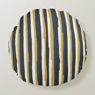 Abstract vintage stripes golden navy round cushion