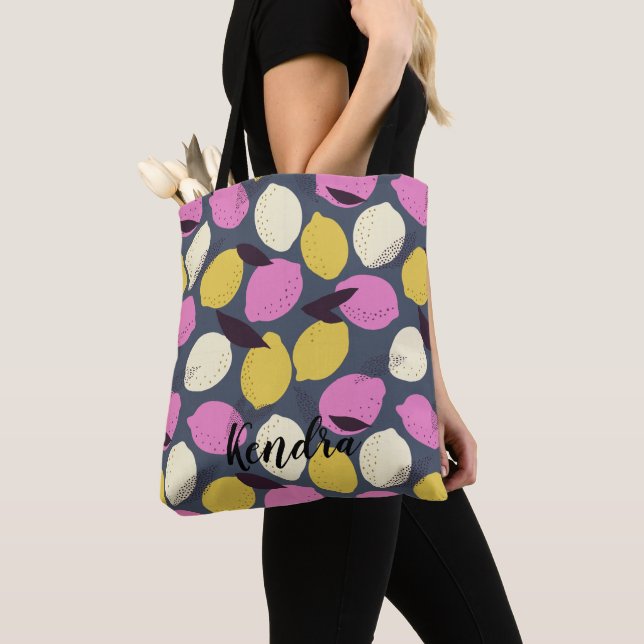 Abstract Violet Pink Yellow Lemon Pattern Tote Bag (Close Up)