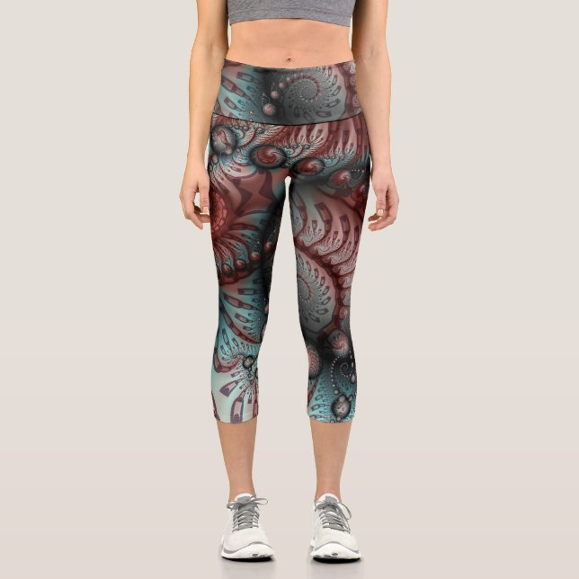 Abstract Vivid Fantasy Fractal Art Brown Blue Capri Leggings (Front)
