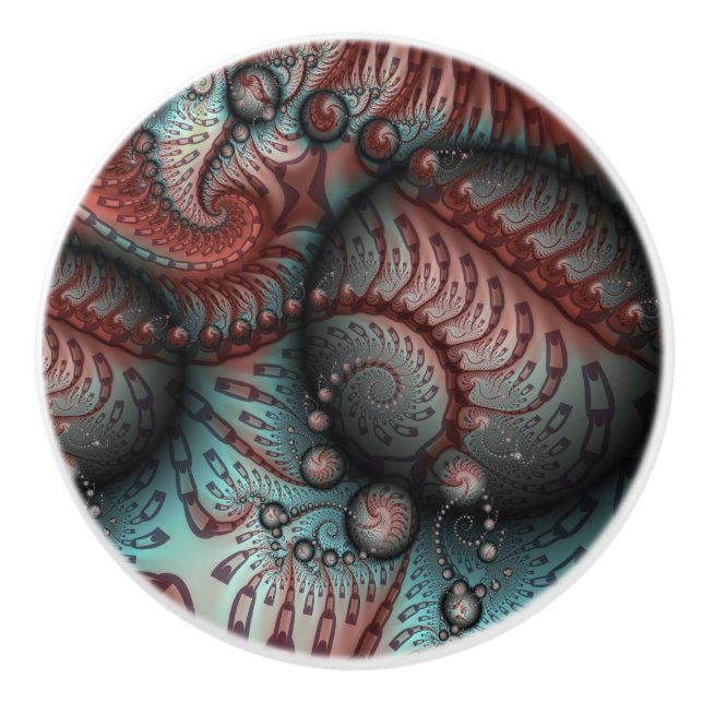 Abstract Vivid Fantasy Fractal Art Brown Blue Ceramic Knob (Front)
