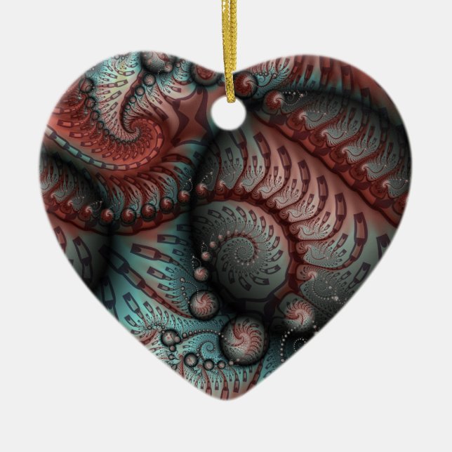 Abstract Vivid Fantasy Fractal Brown Blue Heart Ceramic Tree Decoration (Front)