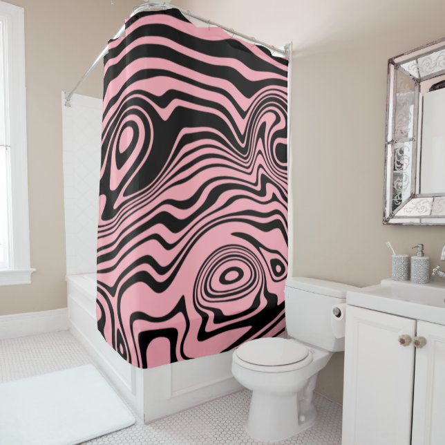 Abstract Warped Black & Pink Lines - Customisable Shower Curtain (In Situ)