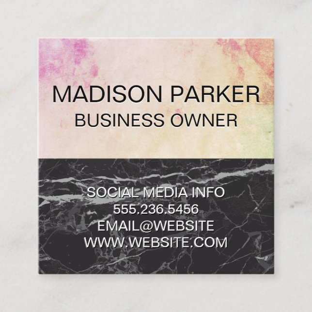 Abstract Water Colour | Black Marble Square Business Card (Front)