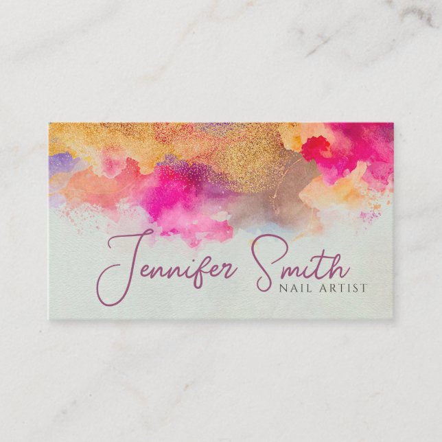 Abstract Watercolor and Gold Glitter Business Card (Front)