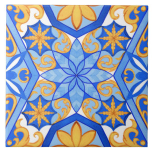Abstract Watercolor Blue and Gold Geometric Shapes Tile