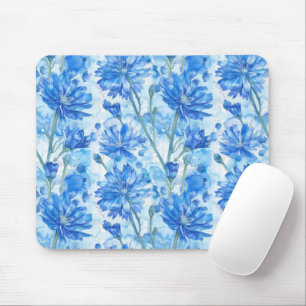 Abstract Watercolor Blue and White Flowers Mouse Pad