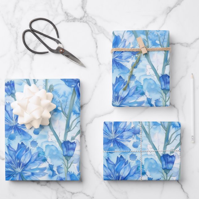 Abstract Watercolor Blue and White Flowers Wrapping Paper Sheet (Front)