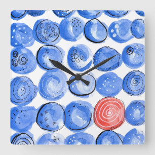 Abstract Watercolor Blue Dots Square Wall Clock