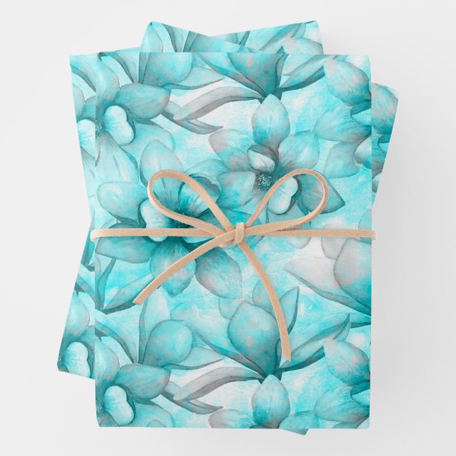 Abstract Watercolor Blue Flowers  Wrapping Paper Sheet (In situ)