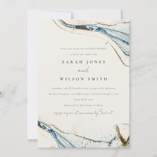 Abstract Watercolor Blue Gold Beach Couples Shower Invitation (Front)