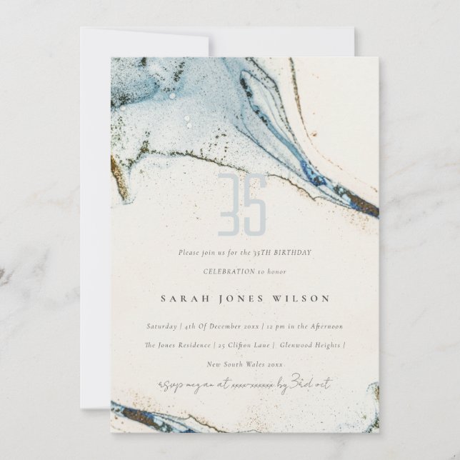 Abstract Watercolor Blue Gold Beachy Birthday Invitation (Front)
