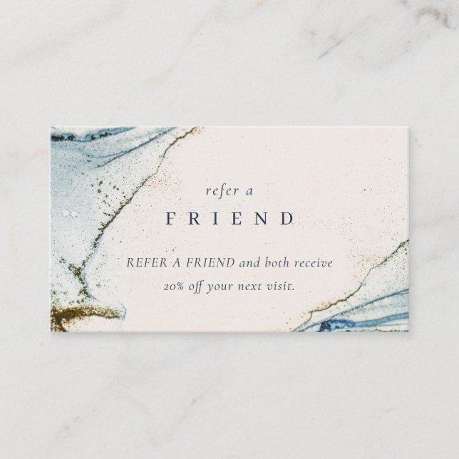 Abstract Watercolor Blue Gold Beachy Refer Friend Business Card (Front)