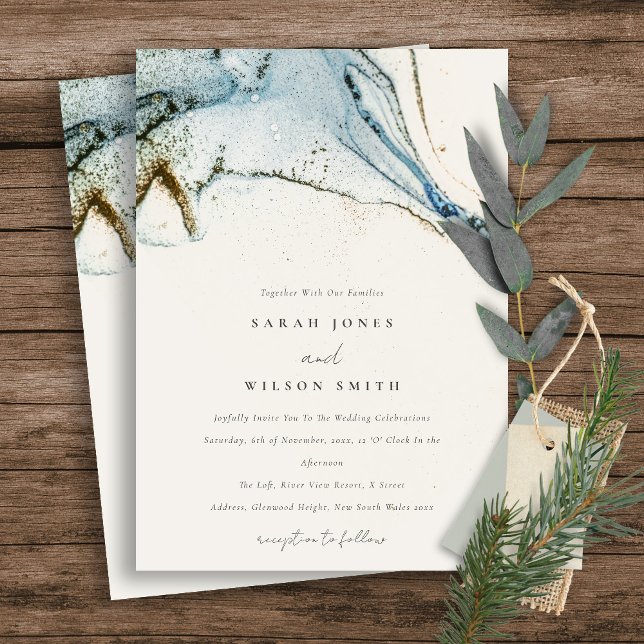 Abstract Watercolor Blue Gold Beachy Wedding Invitation (Creator Uploaded)