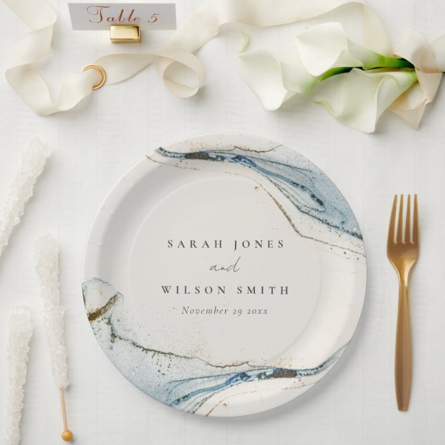 Abstract Watercolor Blue Gold Beachy Wedding Paper Plate (Wedding)