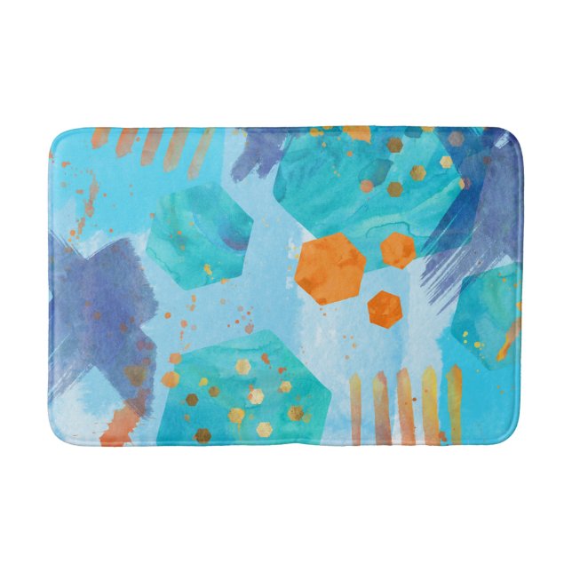 Abstract watercolor blue hexagon bath mat (Front)