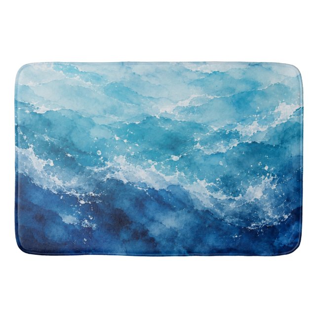 Abstract Watercolor Blue Ocean Sea Bath Mat (Front)