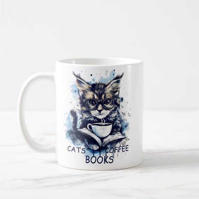 Abstract Watercolor Cats Coffee Books Coffee Mug (Left)