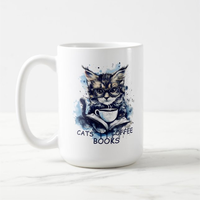 Abstract Watercolor Cats Coffee Books Mug (Left)