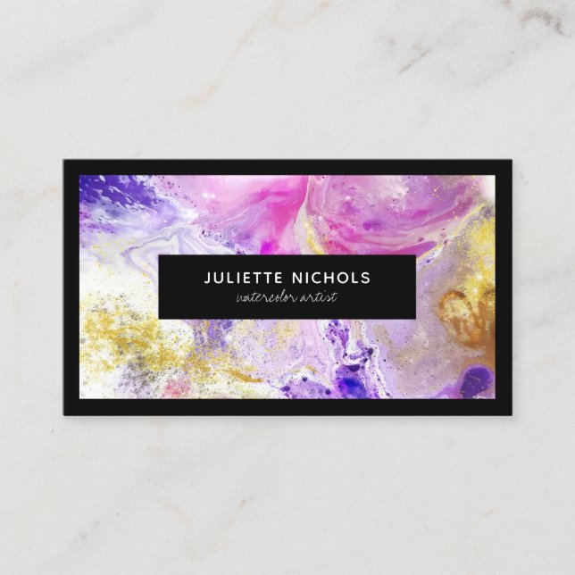 Abstract watercolor chic pink purple gold artist business card (Front)