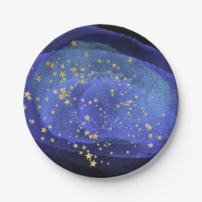 Abstract Watercolor Cobalt Blue Navy  Party Stars Paper Plate (Front)