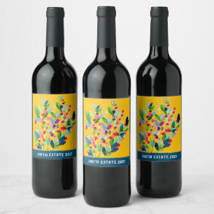 Abstract watercolor colourful floral wine label