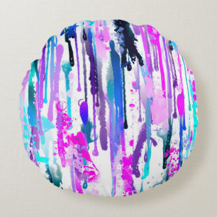 Abstract Watercolor Drips Blue Turquoise Pink Round Cushion
