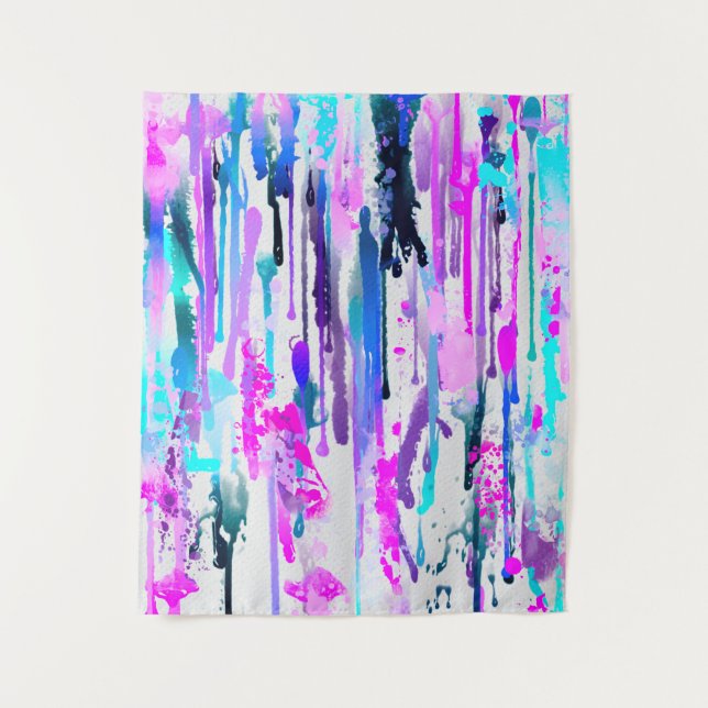 Abstract Watercolor Drips Blue Turquoise Pink Tapestry (Front)