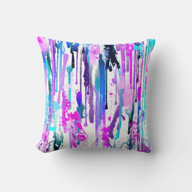 Abstract Watercolor Drips Blue Turquoise Pink Thro Cushion (Front)