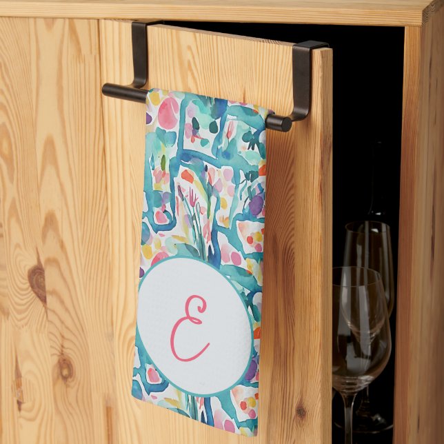 Abstract watercolor floral pattern mongram  tea towel (Thirds Fold)