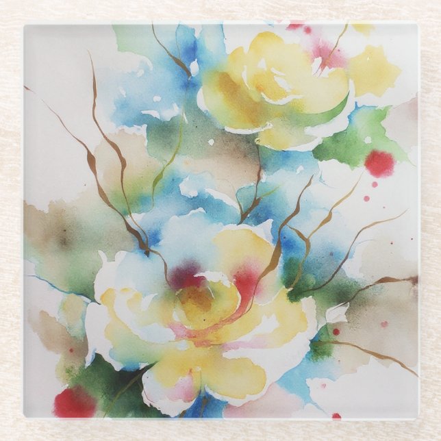 Abstract watercolor flowers glass coaster (Front)
