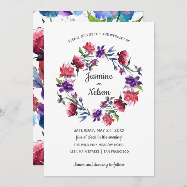 Abstract watercolor  Flowers wreath Wedding Invitation (Front/Back)