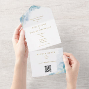 Abstract Watercolor Gold Glitter QR Code Wedding All In One Invitation