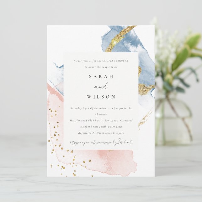Abstract Watercolor Gold Pink Blue Couples Shower Invitation (Standing Front)