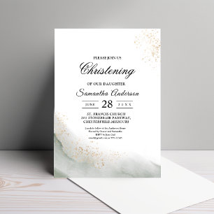 Abstract Watercolor Green Brush Strokes & Gold  Invitation