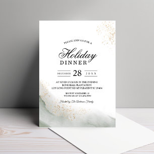 Abstract Watercolor Green Brush Strokes & Gold  Invitation