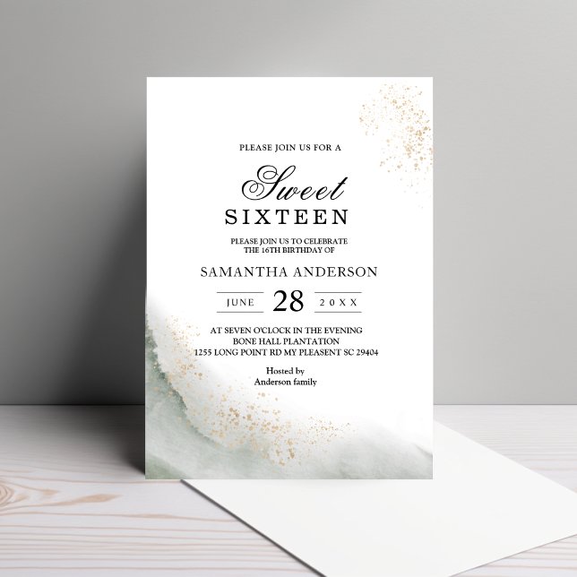 Abstract Watercolor Green Brush Strokes & Gold  Invitation (Creator Uploaded)
