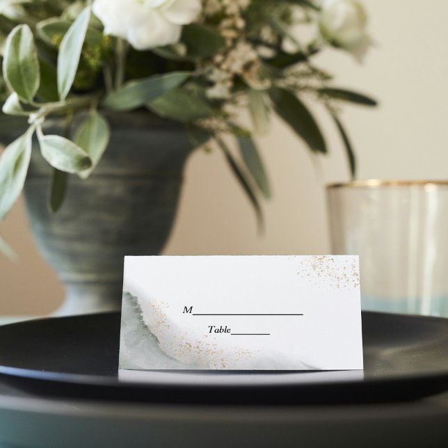Abstract Watercolor Green Brush Strokes & Gold  Place Card (Creator Uploaded)