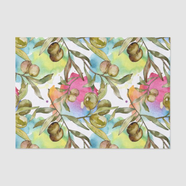 Abstract Watercolor Green Olive Branches Tissue Paper (Front)