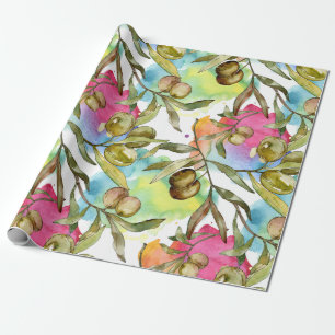 Abstract Watercolor Green Olive Branches Wrapping Paper