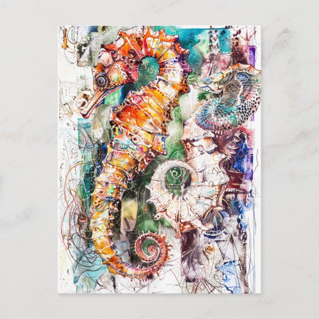 Abstract Watercolor Illustration of a Seahorse Postcard (Front)