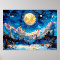 Abstract watercolor illustration of full moon over
