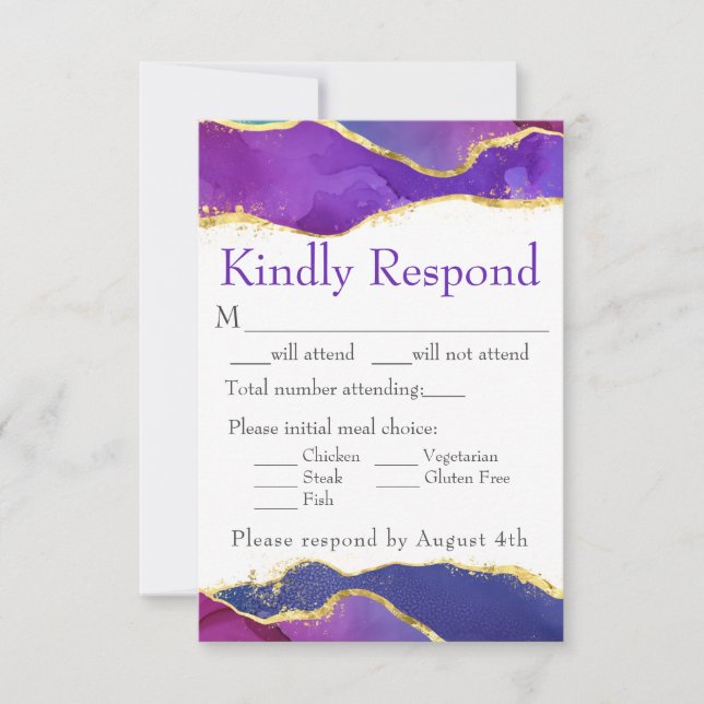 Abstract Watercolor Ink Fuchsia Pink Purple Gold RSVP Card (Front)