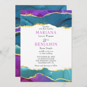 Abstract Watercolor Ink Fuchsia Pink Teal Gold Inv Invitation