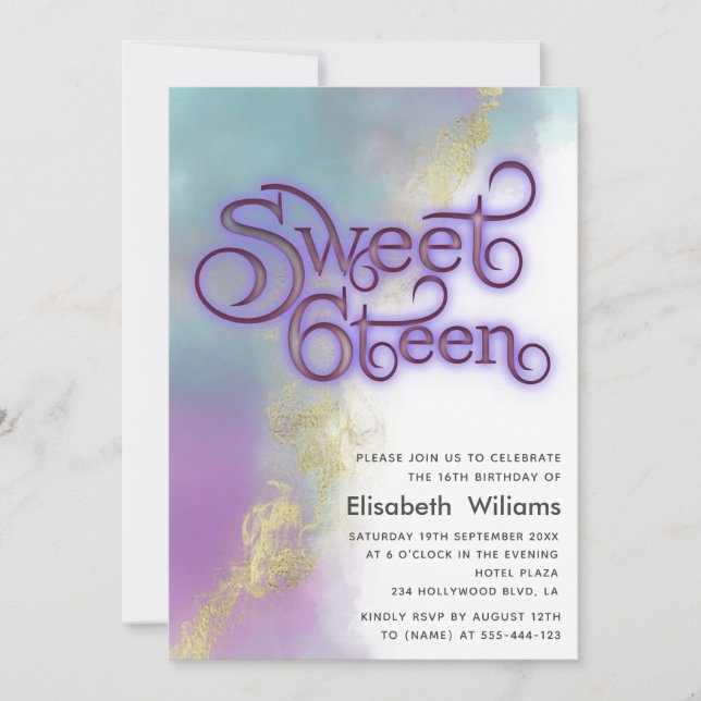 Abstract watercolor ink gold modern typography invitation (Front)