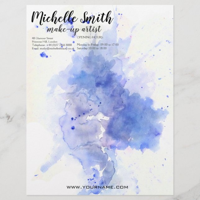 Abstract watercolor light blue splash brush stroke custom letterhead (Front)