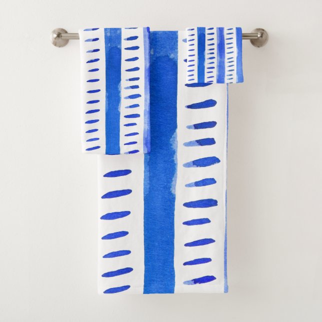 Abstract watercolor lines - blue bath mat towel set (Insitu)
